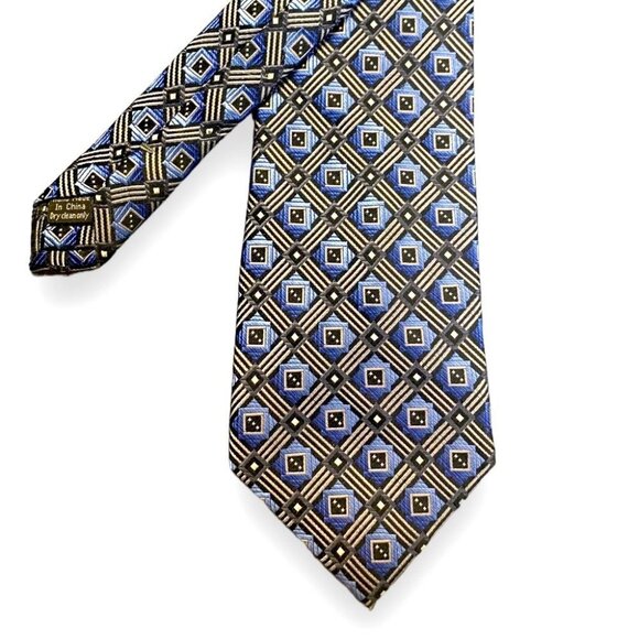 PRONTO UOMO- EUC - XL 65” - 100% silk Tie - Blue & Silver Squared - Picture 2 of 5